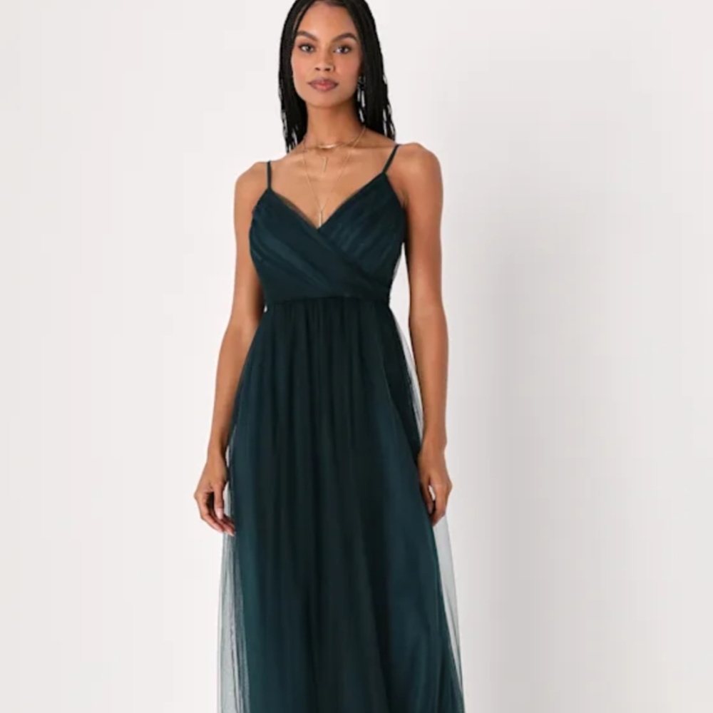 Lulus Elegant Encounter Emerald Green Tulle Maxi Dress Gown